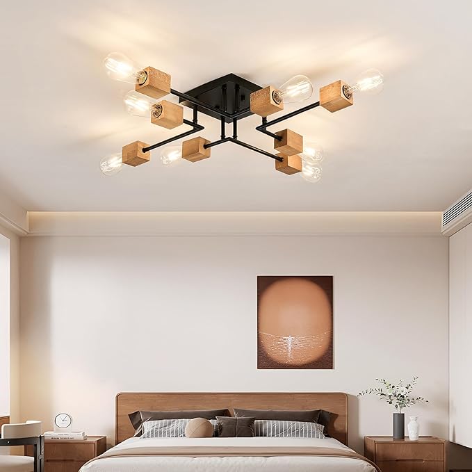 8-Light Modern Black and Wood Sputnik Chandelier Retro Matte Ceiling Light Fixture Boho Ceiling lamp for Kitchen Dining Room Living Room Bedroom Farmhouse