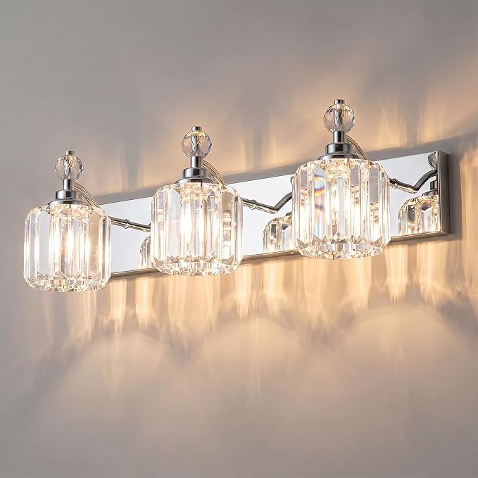 Chrome Light Fixtures, 3 Light Bathroom Vanity Light with 42pcs Crystal Sheet, 22in Modern Vanity Light, Bathroom Lighting Fixtures Over Mirror