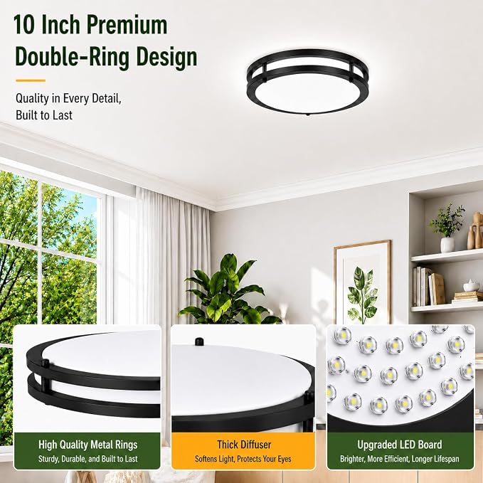 2 Pack 10inch 30W Flush Mount Ceiling Light Fixture, 3200lm Super Bright Energy-Efficient Black Dimmable Ceiling Light, 2700K 3000K 4000K 5000K 6500K Adjustable Ceiling Lamps for Closet