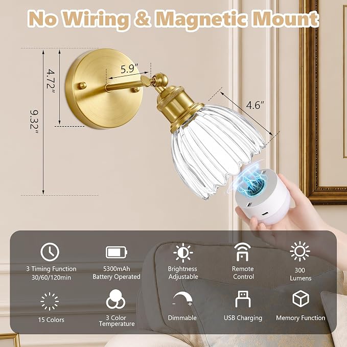 Vintage Battery Operated Wall Sconce, Clear Tulip Glass Lampshade Wireless Rechargeable Battery Powered LED Wall Light with Remote Dimmable for Bedside Bedroom Living Room, Set of 2