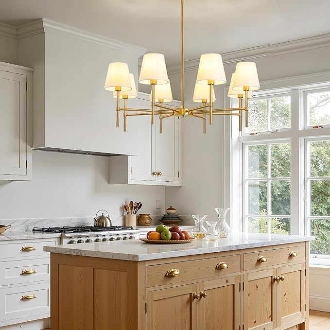 Dining Room Chandeliers Light - 8-Light Gold Modern Chandelier with Fabric Shade, Height Adjustable Mid Century Ceiling Lighting Fixture for Bedroom Kitchen Entryway Foyer