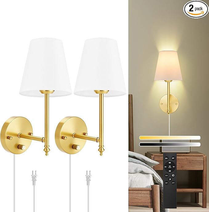 Wall Sconces Set of Two with Remote Control, Dimmable, Adjustable Colors 2700-6500K, Plug in Wall Sconces with White Fabric Shades, Plug in Wall Light, Gold