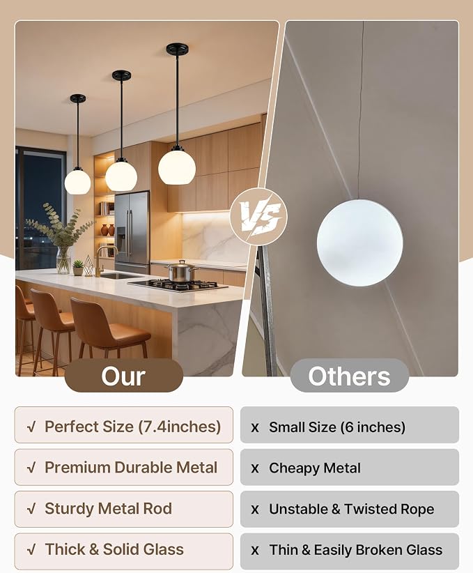 Majade 7.4" Globe Pendant Lights Mid Century Modern Kitchen Island Pendant Light Fixtures Black Brass Pendant Lighting with Milk Glass Adjustable Hanging Light Fixtures for Dining Room Living Room