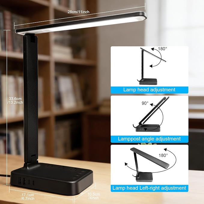 karidi LED Desk Lamp with Power Strip, 3 AC Outlets & 4 USB Ports (2 USB-C), Eye-Caring Task Light, 5 Color Modes 5 Brightness Dimmable, Sturdy Base Home Office Dorm Room Essentials