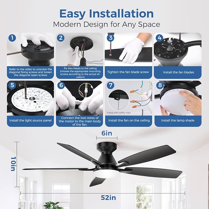 52 Inch Ceiling Fans with Lights, App & Remote Control, Quiet Reversible DC Motor, 6 Speeds, Dimmable 3CCT LED Light, Low Profile Flush Mount Ceiling Fan for Bedroom Living Room, Black