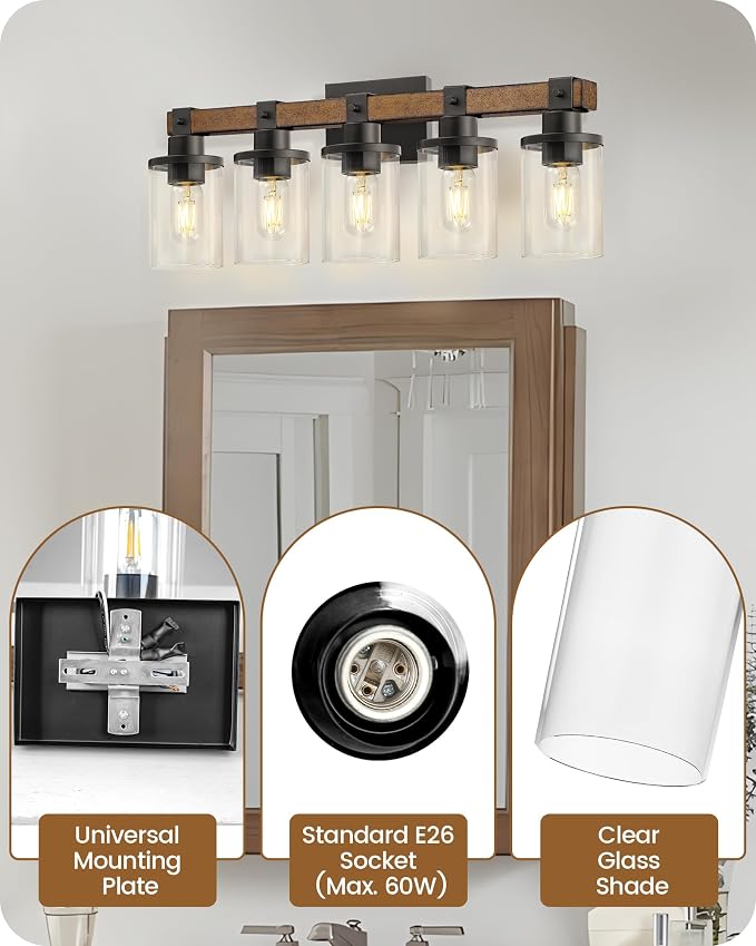 5-Light Bathroom Light Fixture, Farmhouse Vanity Lights for Bathroom with Glass Shade, Rustic Bathroom Light Fixtures, E26 Base F10BD05W1
