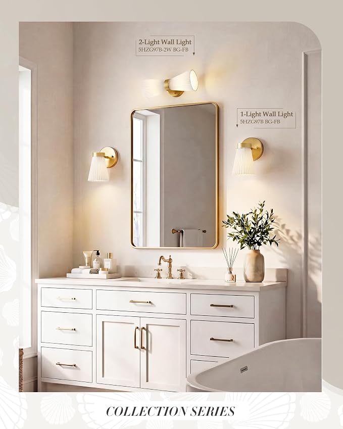 Set of 2 Wall Sconces, HWH Gold Bathroom Light Fixtures with Milk White Striped Fabric Shade, Up and Down Vanity Lights Fixture, Brushed Gold Finish, 5HZG97B-2PK BG-FB