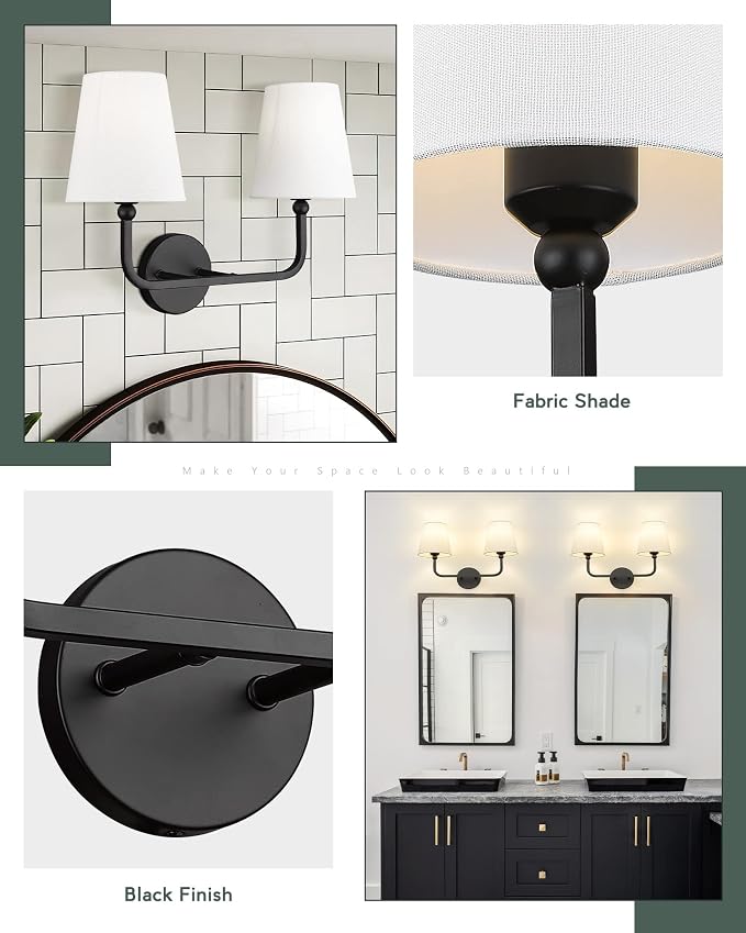 2-Light Bathroom Light Fixtures, Matte Black Vanity Lights, Double Wall Sconce with Flared White Fabric Shade, Modern Sconces Wall Lighting for Hallway Bedroom Stairway, VL837-MB-2-S
