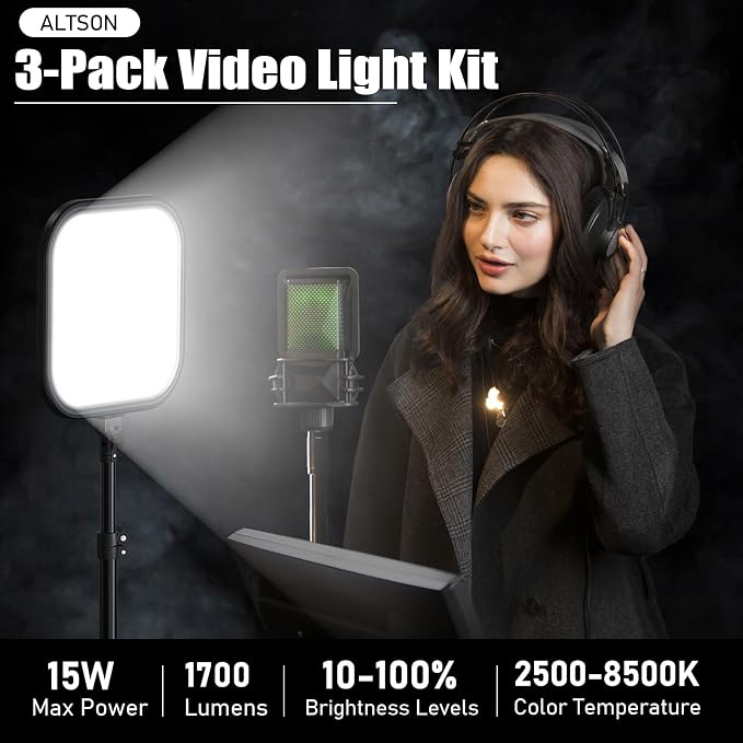 3 Pack LED Video Panel Light, 2500-8500K Dimmable Studio Lights with Tripod Stand & Phone Holder, 78" Photography Lighting Kit for Video Recording, Game Streaming, Photography, Tiktok, YouTube