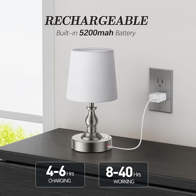 Mini Cordless LED Table Lamp, 5200mAh Rechargeable Battery Operated Lamp, 3-Level Brightness, Touch Dimmable Desk Lamp, Bedside Night Light for Patio Camping Restaurant Home, Brushed Nickel