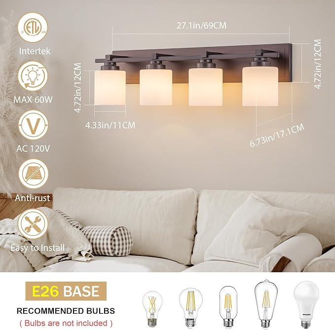 Modern Bathroom Light Fixtures Over Mirror, Vanity Lights for Bathroom Wall Sconces with Milky White Glass Shades, E26 Socket (Bulbs Not Included), 4 Light, Oil Rubbed Bronze