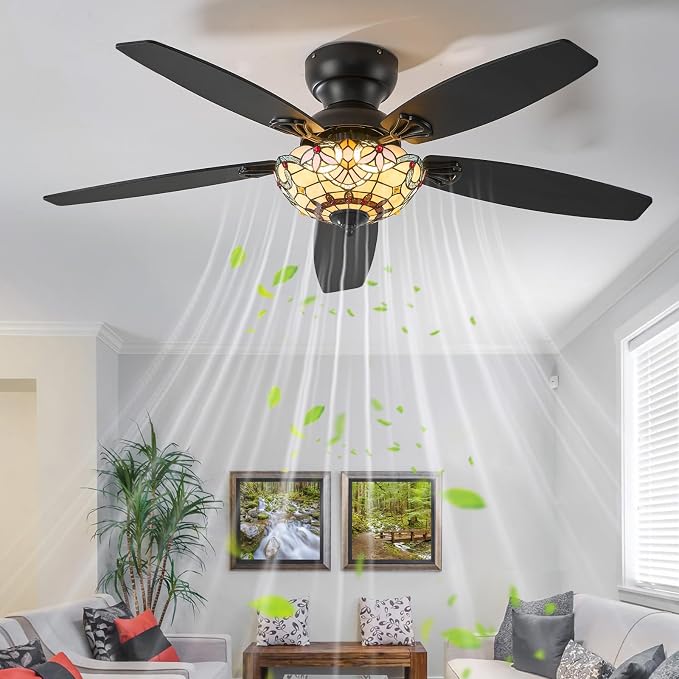 Tiffany Ceiling Fans with Lights-52"Ceiling Fan Chandelier and Glass Shade | 52" Ceiling Fan Chandelier with 5 Dual-Blades and Glass Shade, 6 Speeds and Reversible, Indoor and Outdoor, Retro Style