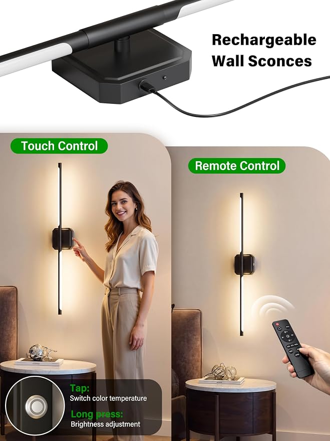 Battery Operated Wall Sconces Set of Two, Wireless Wall Lights Touch & Remote Control Rechargeable LED Wall Lamp 2700K-6000K Dimmable Lights for Living Room Bedroom Bathroom Hallway( 29 ", Black)