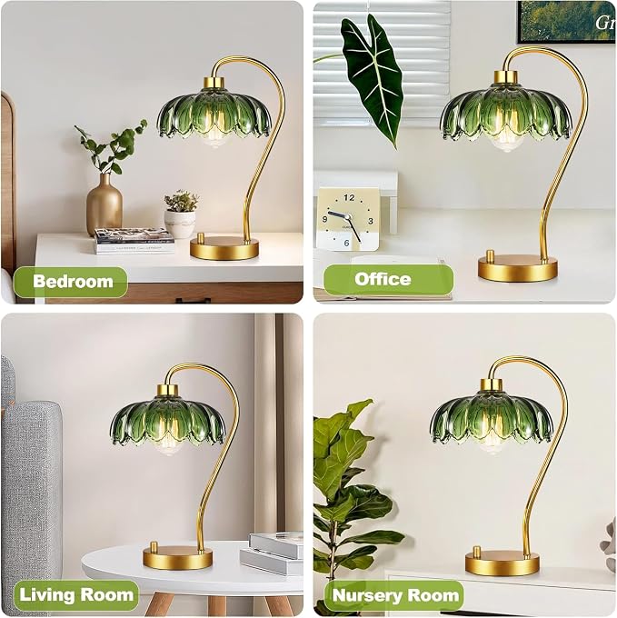 ILLMTW Flower Table Lamp for Bedroom Living Room,Small Gold Bedside Lamps Dimmable Boho Bedroom Lamp with Glass Green Lamp Shade,Vintage Mid Century Modern Mini Nightstand Lamp