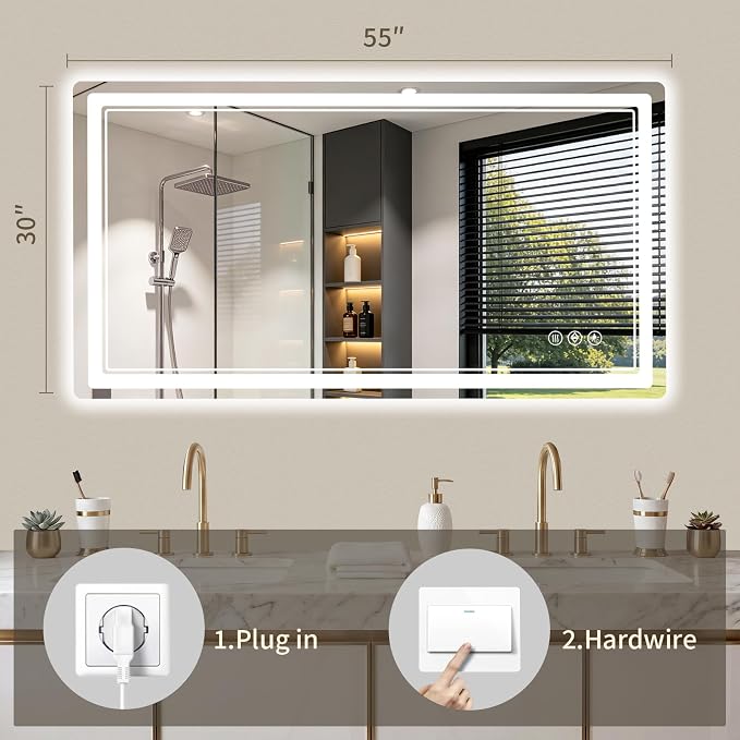 30"x55" LED Bathroom Mirror with Lights, Backlit + Front Lit, Anti-Fog, Lighted Bathroom Mirror for Wall, HD Shatterproof Tempered Glass, Dimmable, Memory Function (Horizontal/Vertical)