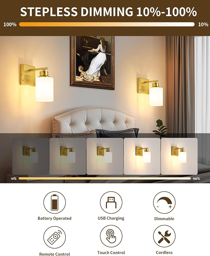 Wall Sconces Battery Operated Set of Two, Modern, White Glass, Gold | Dimmable, Easy Install Rechargeable Wall Lights with Timer Remote for Living Room Bedroom, Emergency 3000K