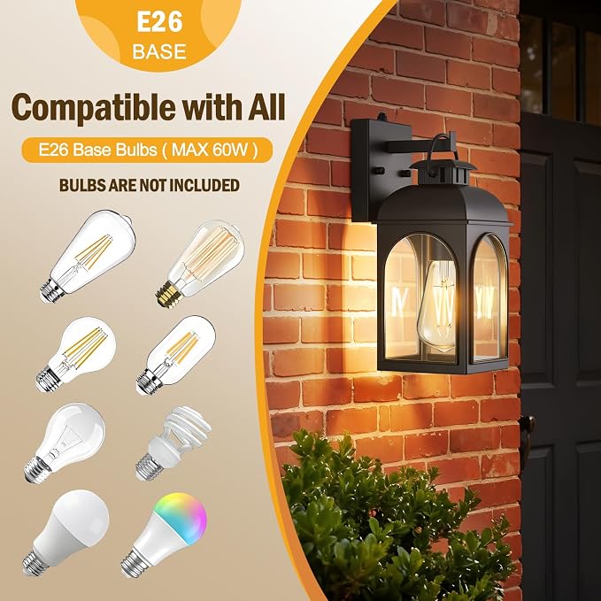 EJIAXIN 2 Pack Dusk to Dawn Outdoor Lighting, Matt Black Porch Lights | Waterproof Metal Construction,Rust-resistant,Clear Glass Shades,Quick Installation,Outside Lights for Doorway,Garage,Patio