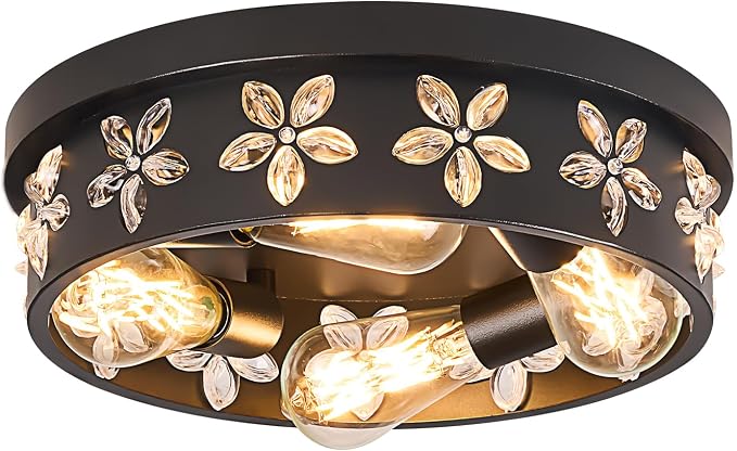 13.8 inch Black Flush Mount Ceiling Light Fixture | 4-Light, Industrial, Farmhouse, Bedroom, Living Room, Kitchen, Hallway, Foyer