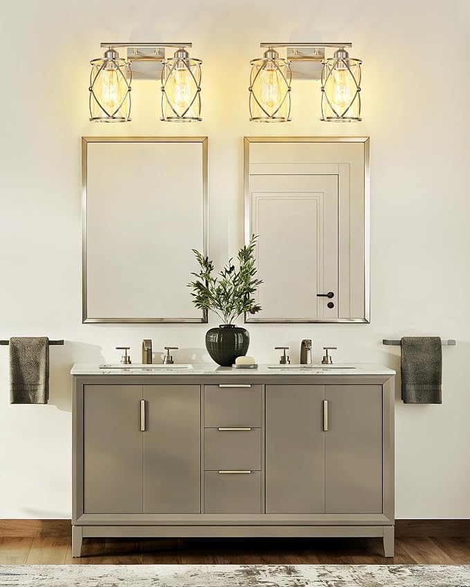 2-Light Brushed Nickel Bathroom Light Fixtures, 13.8 Inch Modern Bathroom Vanity Lighting Fixtures Over Mirror with Clear Glass and Metal Cage Wall Sconce Lights for Bath, E26, CH9176BN-2W