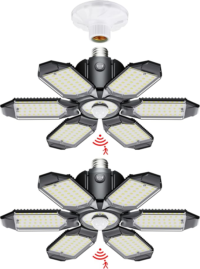 LED Garage Light Motion Sensor - 200W Deformable Garage Lights Ceiling LED, 20000LM Shop Lights Motion Activated, Motion Sensor Light Indoor for Garage, Workshop, Basement,Barn (2 Pack)