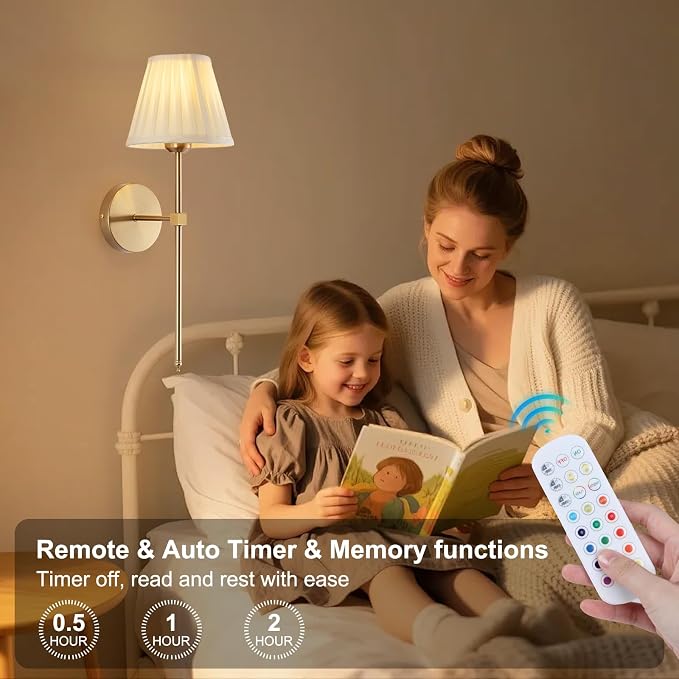 Cordless Battery Operated Wall Sconces Set of 2, Rechargeable Wall Sconce with Remote, Fabric Shade Wireless Wall Sconce Fixtures for Bedroom, Living Room, Bedside (2 Bulbs Included)
