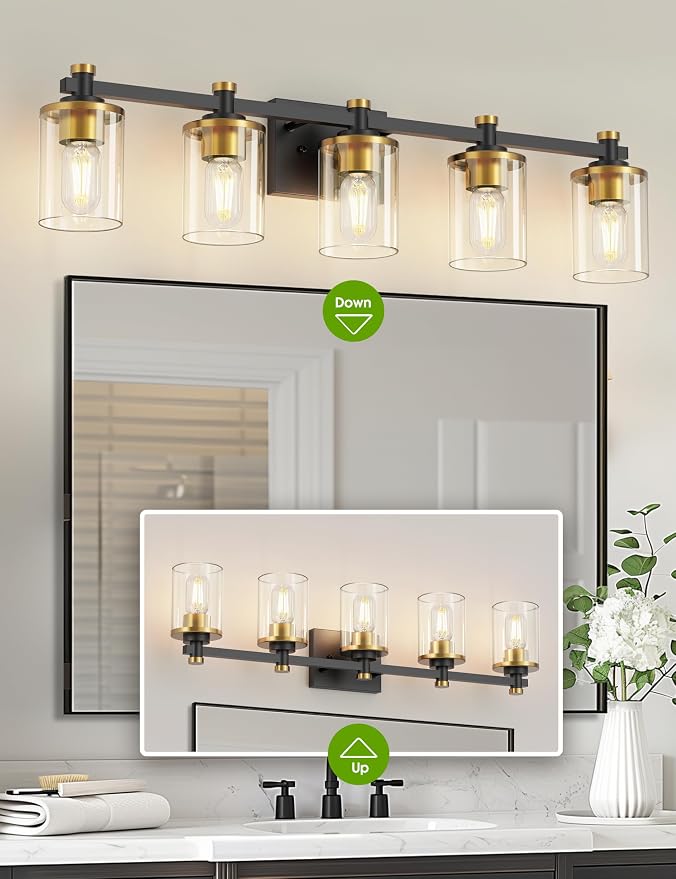 Bathroom Light Fixture, Bathroom Vanity Light Over Mirror, 5-Lights | Vanity Lights for Bathroom, Modern Lighting Fixtures with Clear Glass Shade, Black and Gold Vanity Lights, ETL Listed
