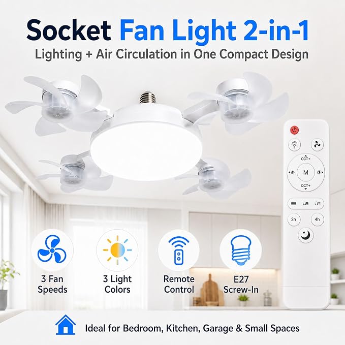 Socket Fan Light, Screw in Ceiling Fan with Remote, Light Socket Fan with LED Light, 3 Speeds, 3 Color Temperatures, Foldable E27 Fan Light for Bedroom Kitchen Garage (3 Head)