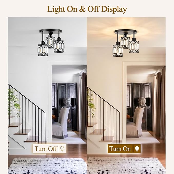 Black Crystal Ceiling Light Fixture, 3-Light, E26 | Modern Semi Flush Mount Ceiling Light, Kitchen Lighting Fixtures Ceiling for Hallway Bedroom Bathroom Laundry Room