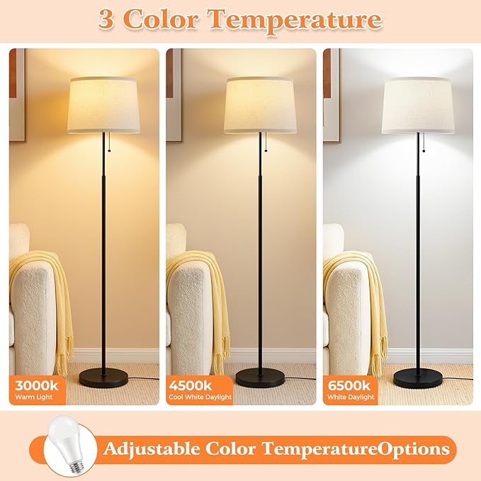 Floor Lamps for Living Room & Bedroom, 60" Modern Tall Standing Lamp, 3CCT | Lamps for Office, Classroom, Bedside, Linen Lampshade, Pull Chain Switch, Modern Design, Anti-glare Lighting, Easy Assembly