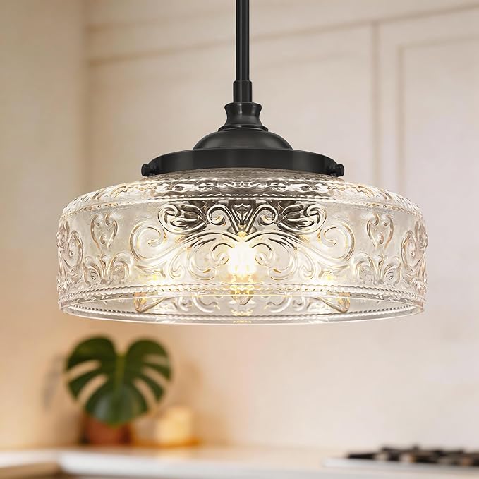 Black 3-Light Pendant Light with 12in Glass Shade, Farmhouse Pendant Lights Kitchen Island, Adjustable Hight & Angle Bathroom Pendant Ceiling Hanging Light Fixtures for Home Bedroom Hallway, 3*E12