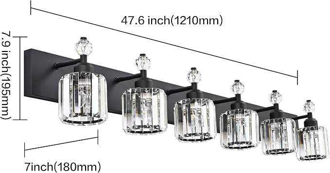 PRESDE 6-Light Crystal Bathroom Lights Fixtures Modern Matte Black Bathroom Lights Fixtures Over Mirror Bath Wall Lighting