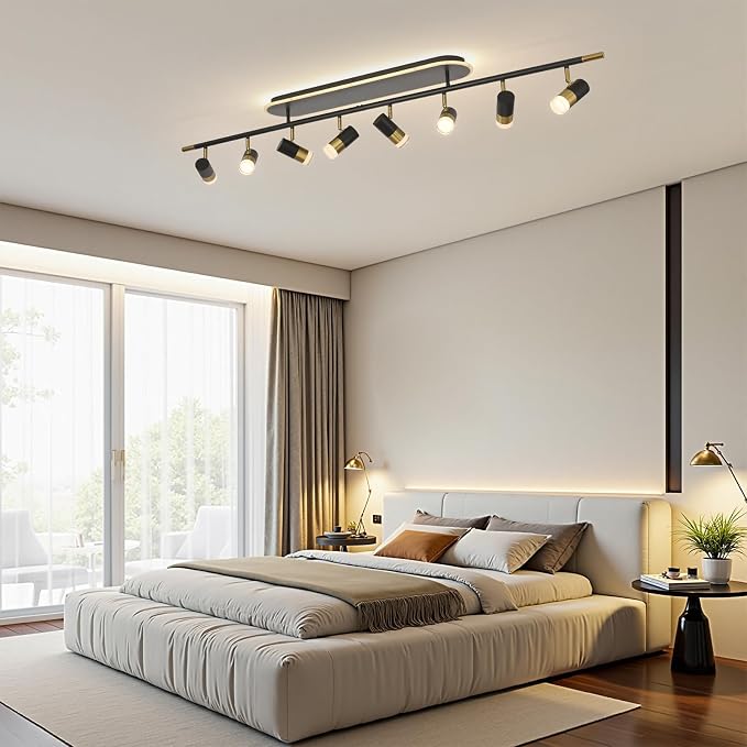 Jaycomey 8-Light LED Track Lighting Fixtures Ceiling, 74W Dimmable Ceiling Spotlights with Remote, 3000K-6500K Adjustable Modern Ceiling Light for Living Room, Dining Room, Bedroom, Black Gold