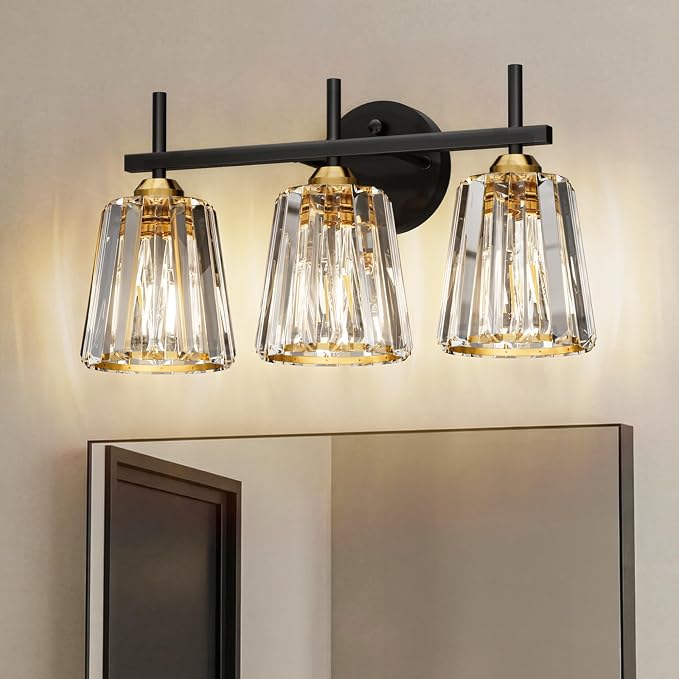 Crystal Bathroom Light Fixtures Over Mirror, Black Gold 3-Light Bathroom Vanity Lights Over Mirror Modern Wall Lighting Sconces with Ceramic E26 Base (Bulbs Not Include)