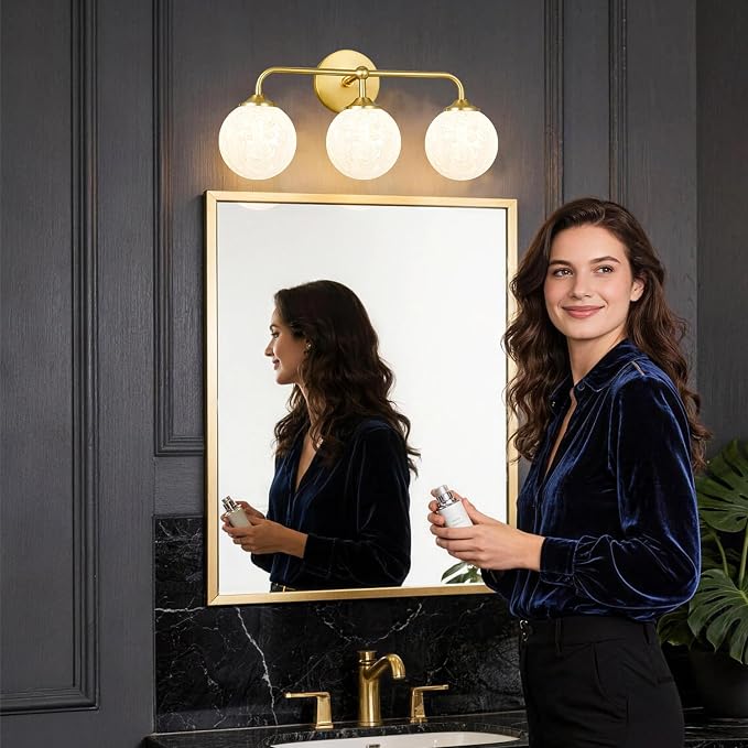 Modern Brushed Gold 3-Lights Vanity Light Fixtures with Carved White Glass Ball Shades, Mid Century Brass Wall Sconce Lighting Fixtures over Mirror, Wall Sconces for Bathroom Dressing Table Bedroom