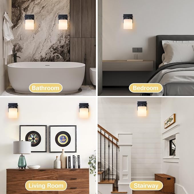 Modern Bathroom Light Fixtures Over Mirror, Vanity Lights for Bathroom Wall Sconces with Milky White Glass Shades, E26 Socket (Bulbs Not Included), 1 Light, Black
