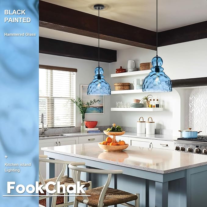 Coastal Pendant Light Blue Hammered Glass Kitchen Island Lights 10in Large Pendant Hanging Light for Dining Room Kitchen Sink Hallway Entrance, E26