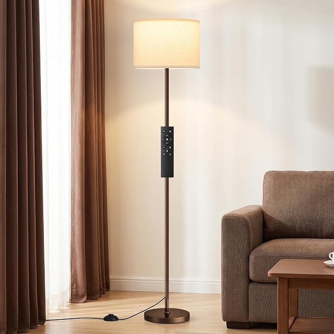 Dimmable Floor Lamp for Living Room with Remote, 9W 900LM LED Bulb Included, Deep Beige Shade Brown Pole