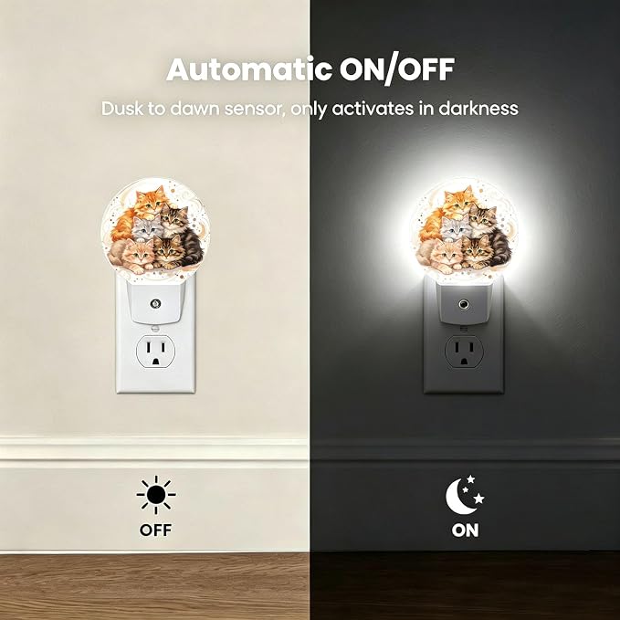 Nightlight Cute Cats Night Lights Plug Into Wall Auto Sensor | Watercolor Cartoon Kitten Night Light Auto Led Sleep Round Lamp for Living Room Hallway Stairs