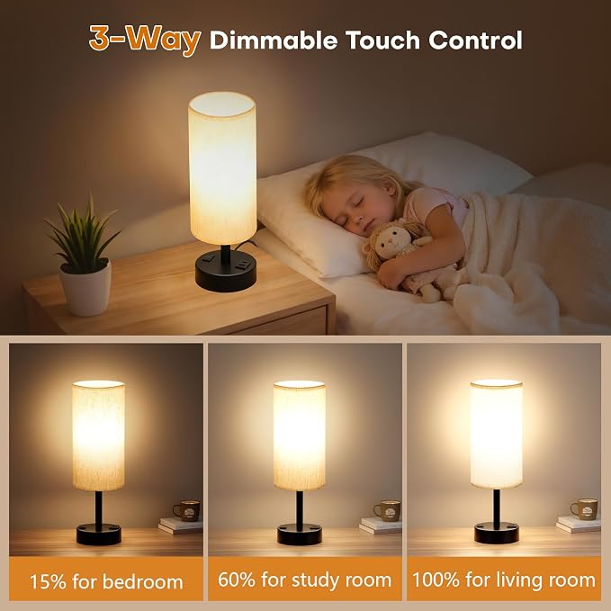 MOICO Bedside Lamp with 2 USB Ports and 1 AC Outlet, Table Lamp with Grey Linen Fabric Shade and Stable Metal Base, Nightstand Lamp for Bedrooms, Living Room, Kids Room, Dorm, Office