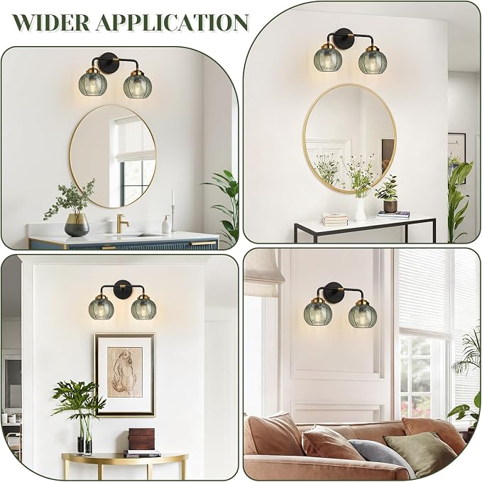 MOKATNG Bathroom Light Fixtures, 2-Light Green Vanity Lights with Unique Leaf Texture Glass Shade, Modern Matte Black and Gold Bathroom Wall Lamp for Mirror Hallway Cabinet Living Room