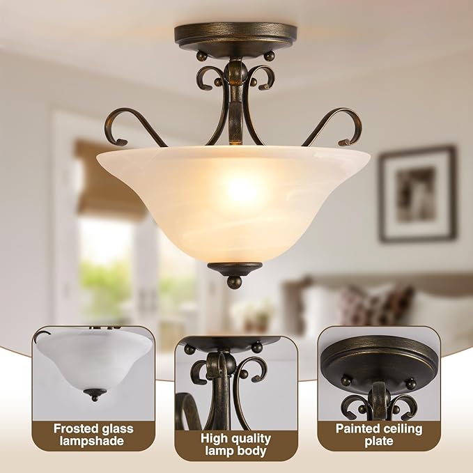 Luvkczc Upgrade 12" Semi Flush Mount Ceiling Light, Brass Ceiling Light Fixture, Mid Century Ceiling Light, Glass Close to Ceiling Light for Bedroom Kitchen Porch Hallway, Bulbs Not Included
