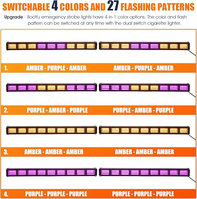 BooYu [Upgraded] Purple/Amber Funeral Escort Emergency Strobe Light Bar Switchable 4 Colors LED Windshield 2 in 1 Visor Safety Warning Flashing Lights for Funeral Escort Trucks/Vehicles/Car