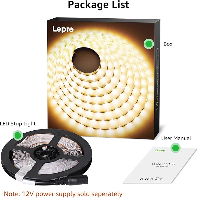 Lepro 12V LED Strip Light, Flexible, SMD 2835, 16.4ft Tape Light for Home, Kitchen, Party, Christmas and More, Non-Waterproof, Warm White(Not Include Power Adapter) (Pack of 3)
