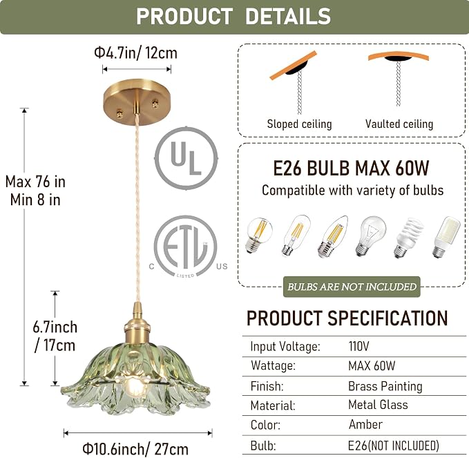 Glass Pendant Light Vintage Light Fixtures,Green Modern Chandelier Pendant,E26 Pendant Lights Kitchen Island,10.6 inch Hanging Lamp for Bedroom Hotel Dining Room 1 Light