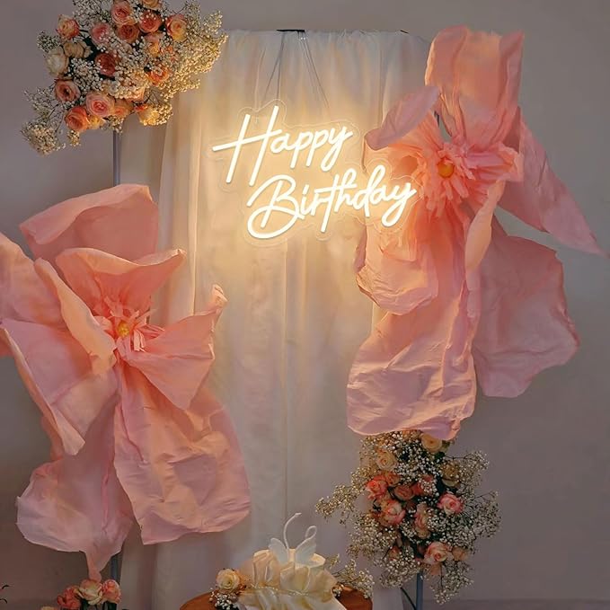 Happy Birthday Neon Sign for Wall Decor, 17×12 Inch Warm White LED Neon Light Signs, Art Decoration Happy Birthday Neon Light Sign for All Birthday Party Decoration with 2 Pcs Pasters