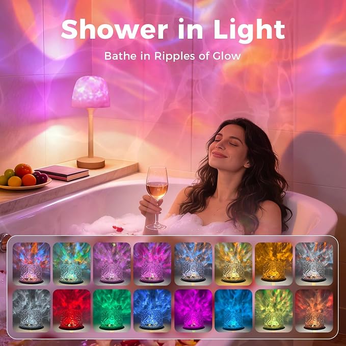 Waterproof Shower Lamp Sets with 16 Color Ocean Wave Projector, Rechargeable LED Light with Remote & Touch Control, Household lamp Sets 3 White Modes,USB-C for Bathroom, Bedroom, Spa Gifts