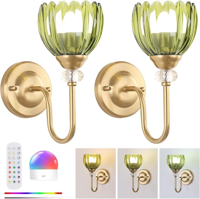 Set of 2 Vintage Battery Operated Wall Sconce, Rechargeable Wall Lamp with 5000mAh Battery & Remote Control, Dimmable Wall Lights with tulip shade for Bedroom Bathroom Living Room, (Tulip Green Up)