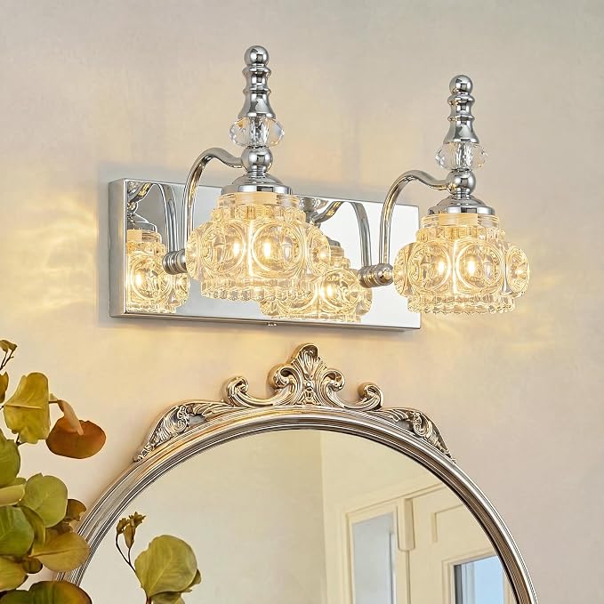 Modern Glass Crystal Vanity Light - Vintage Bathroom Lighting Fixtures Over Mirror, 2 Light Vanity Lights G9 Bulb (11.81 Inch, Chrome)