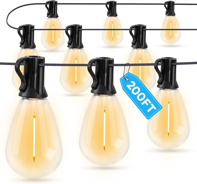 GvvooHome LED Outdoor String Lights, 200FT Waterproof Patio Lights with 62 Shatterproof S11 Plastic Bulbs, 2700K Warm White Edison Hanging Lights for Backyard, Garden, Porch, Bistro