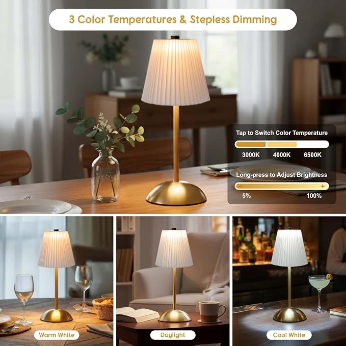2-Pack Cordless Rechargeable Table Lamps, Battery Operated Lamp | LED Gold Touch Lamp Cordless, Mini Battery Powered Lamp Stepless Dimming, Cocktail Table Lamps for Nightstand, Bar (White)